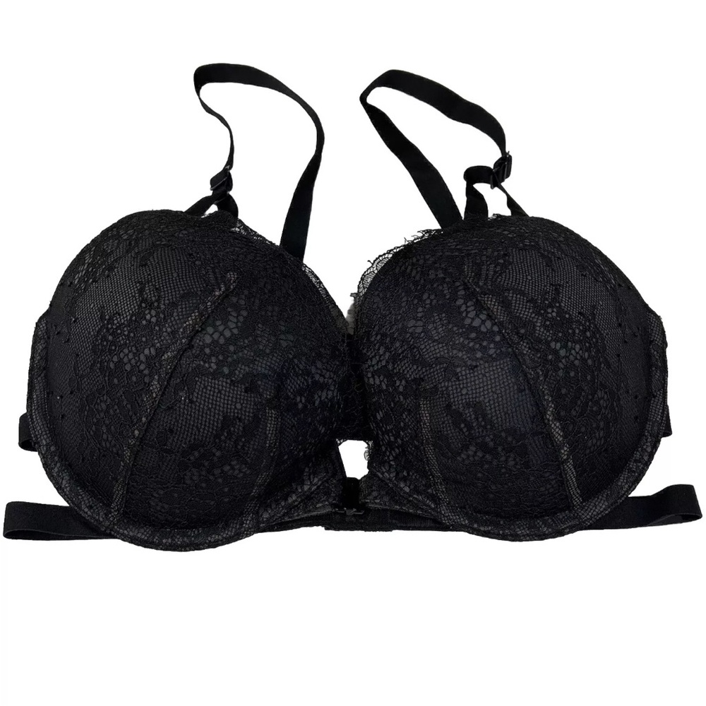 Victorias Secret 34D Pushup Bra Black Floral Lace Strappy Front Close #3431